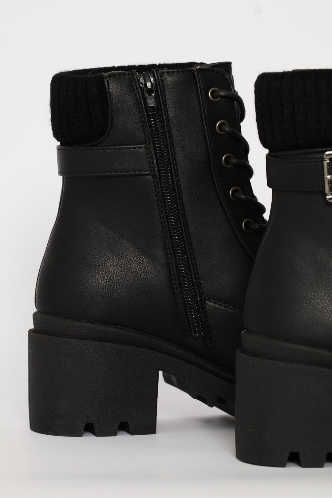 Sock Detail Trim Buckle Chunky Military Boot - Black