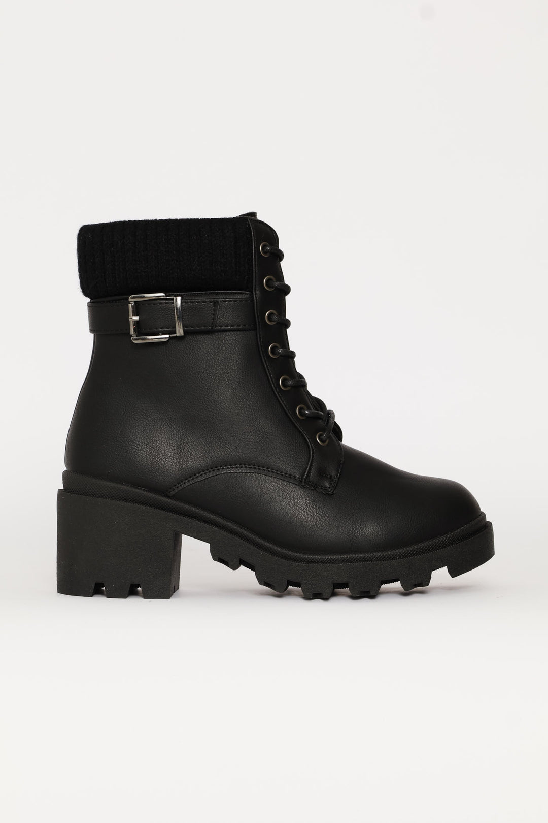 Sock Detail Trim Buckle Chunky Military Boot - Black