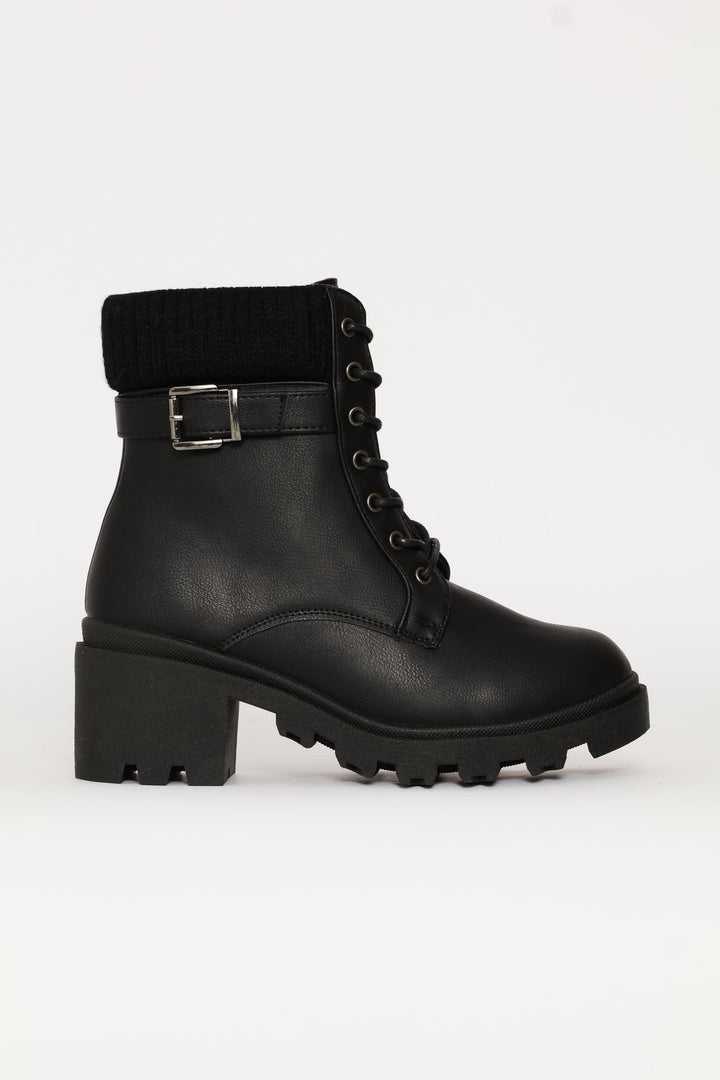 Sock Detail Trim Buckle Chunky Military Boot - Black