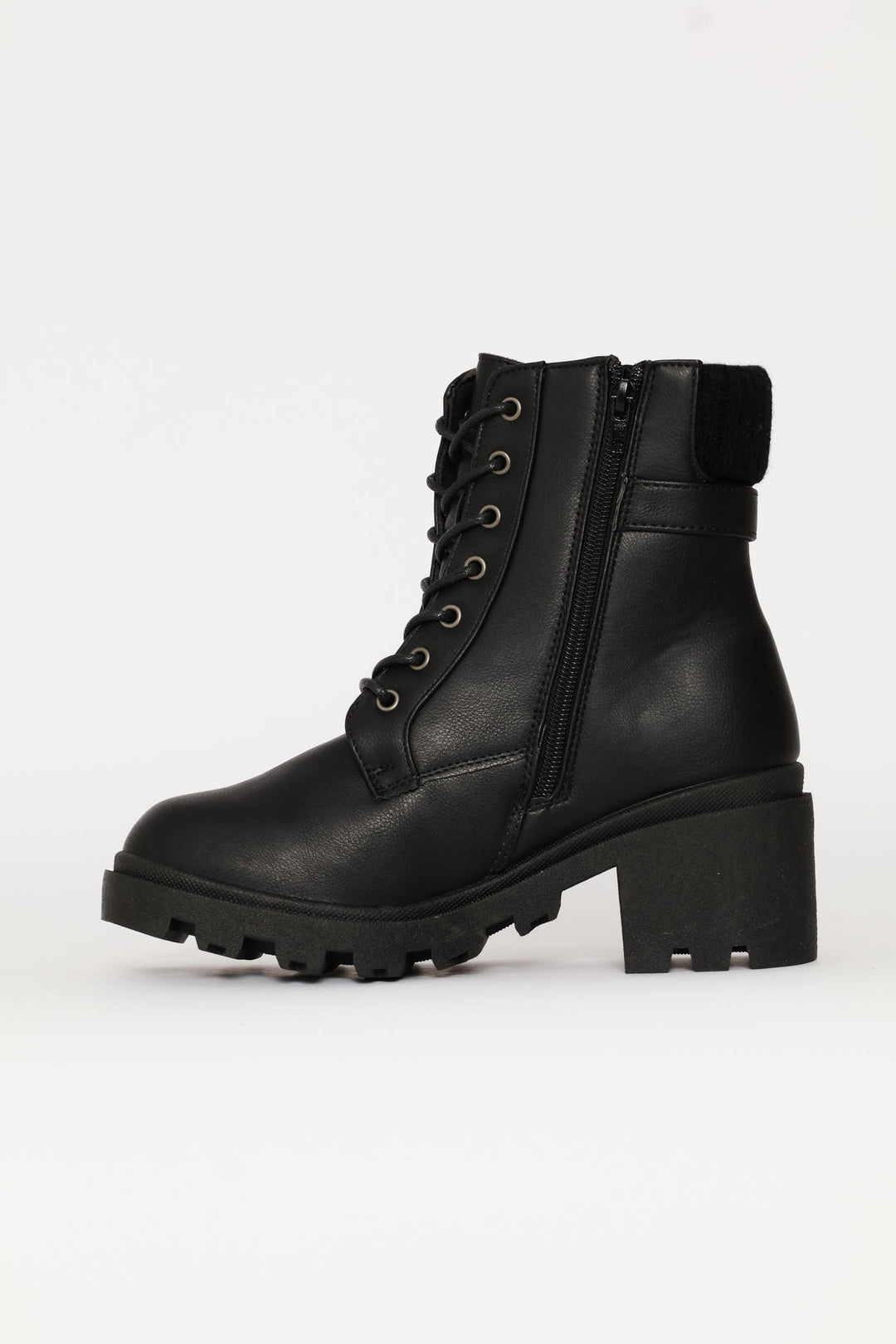 Sock Detail Trim Buckle Chunky Military Boot - Black