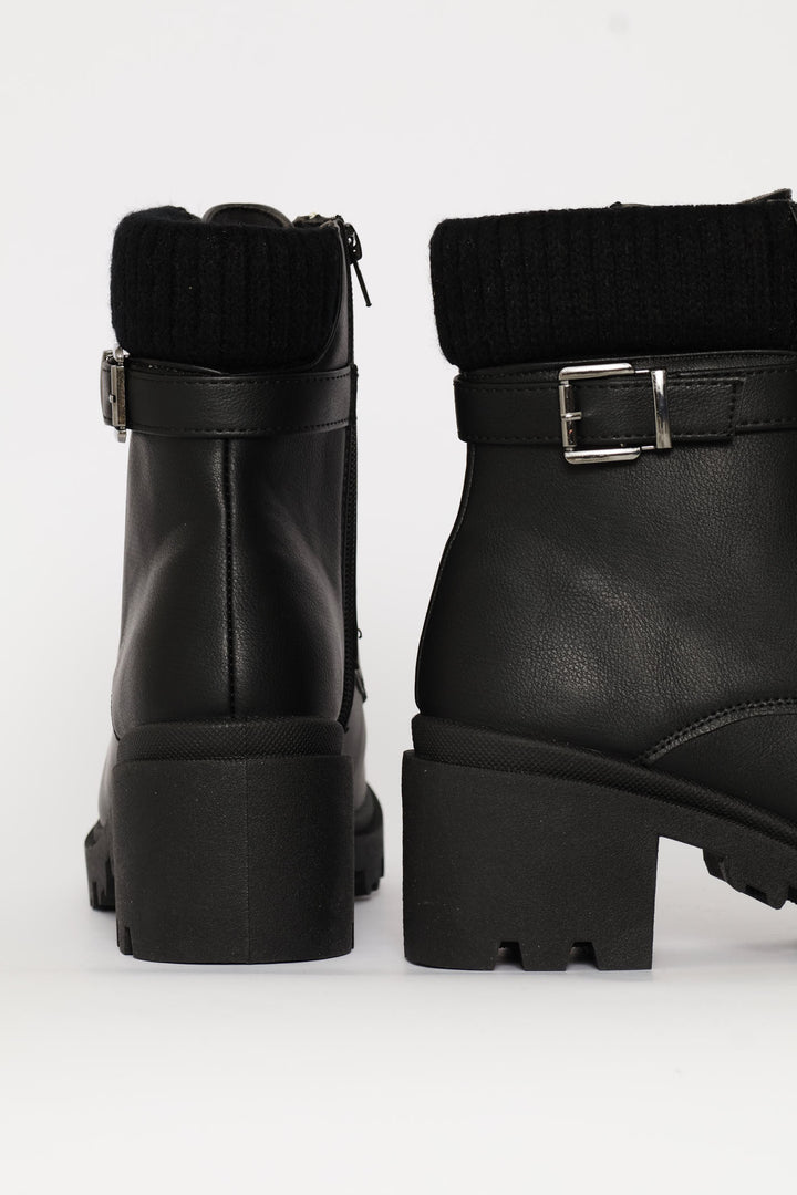 Sock Detail Trim Buckle Chunky Military Boot - Black