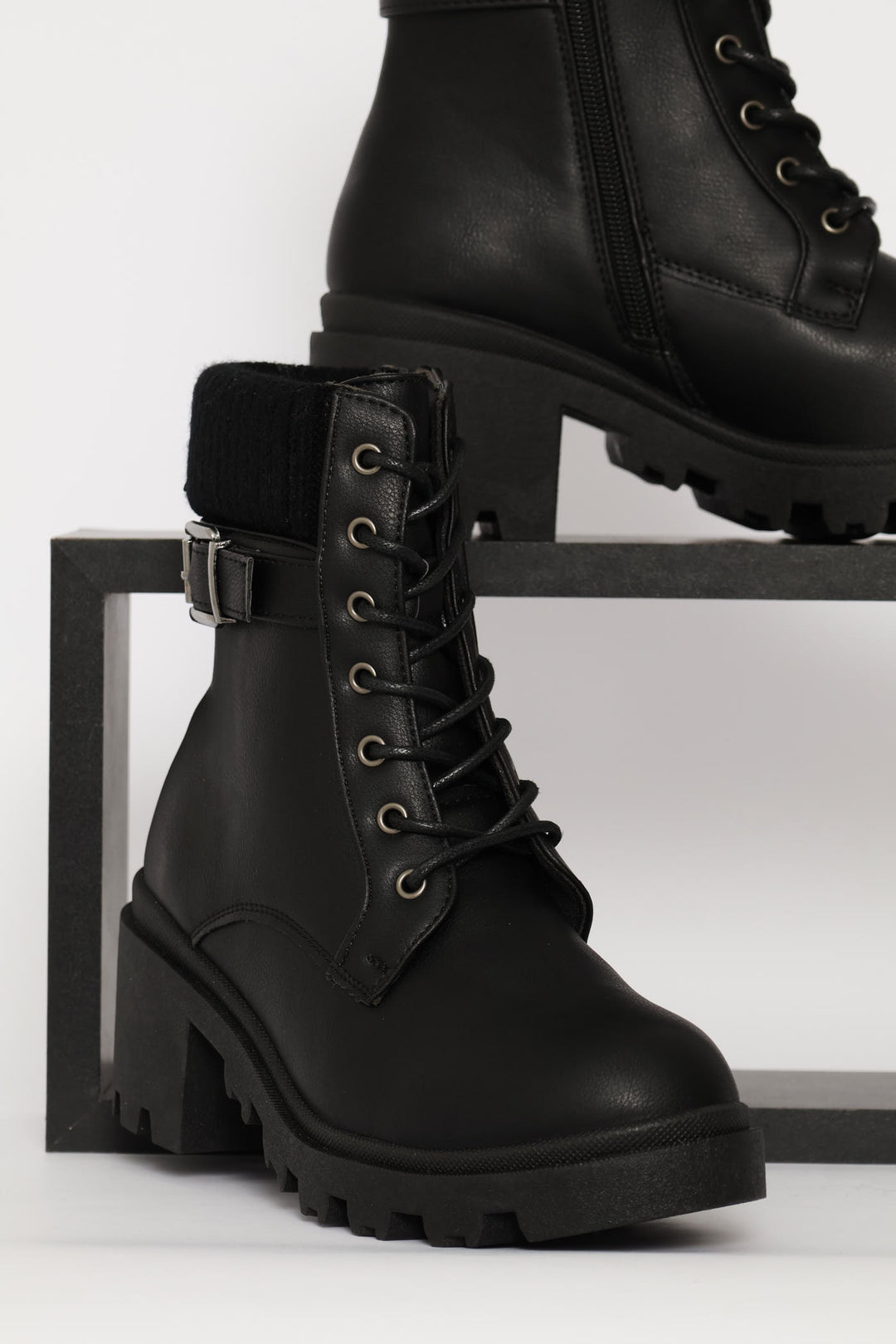 Sock Detail Trim Buckle Chunky Military Boot - Black