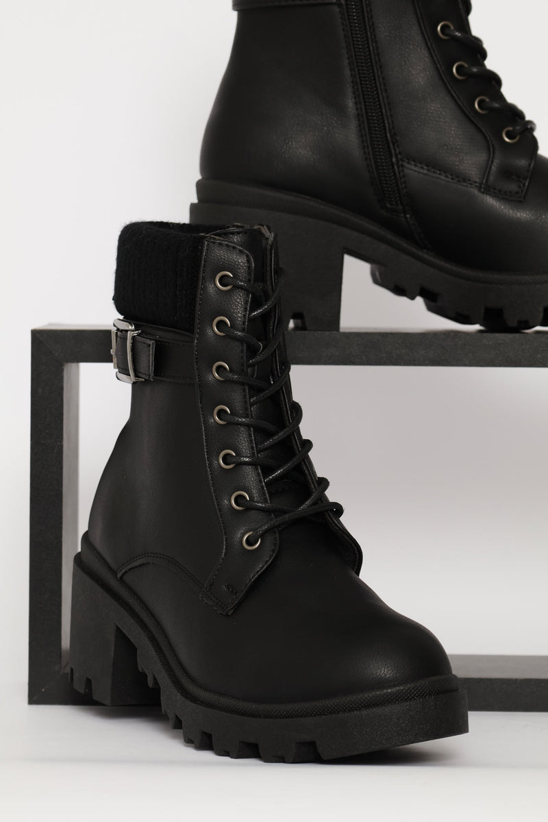Sock Detail Trim Buckle Chunky Military Boot - Black