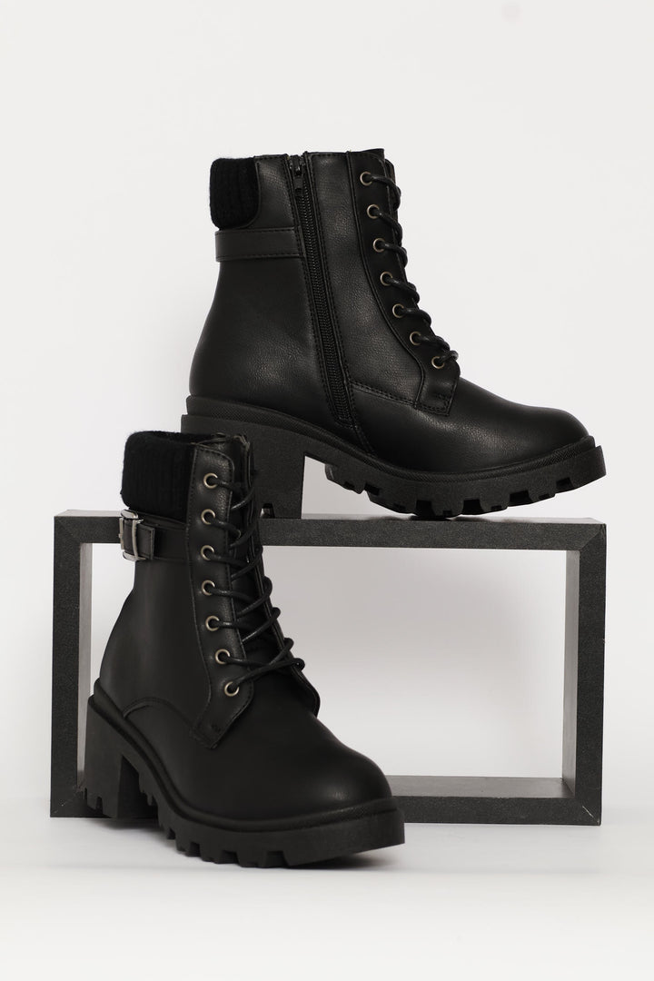 Sock Detail Trim Buckle Chunky Military Boot - Black