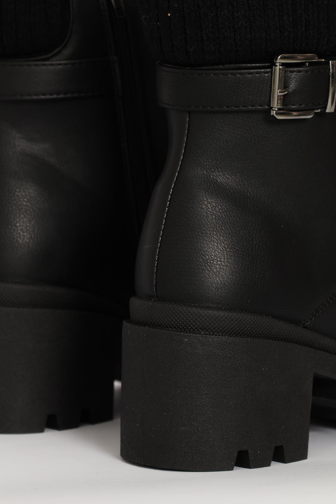 Sock Detail Trim Buckle Chunky Military Boot - Black