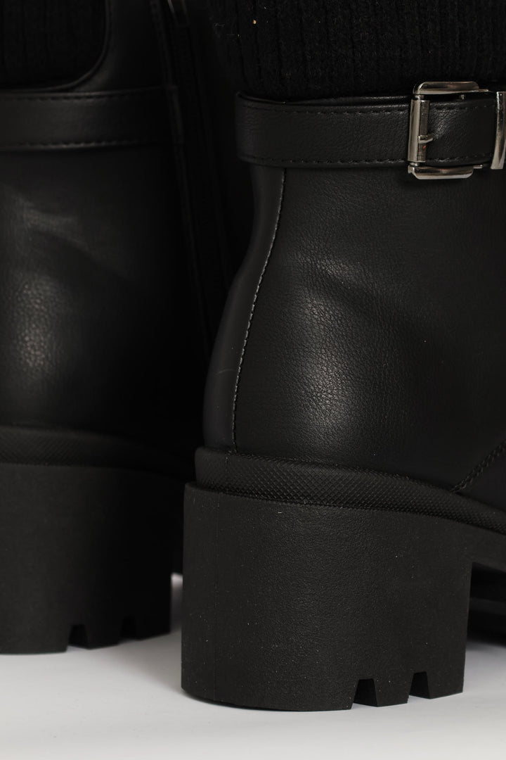 Sock Detail Trim Buckle Chunky Military Boot - Black