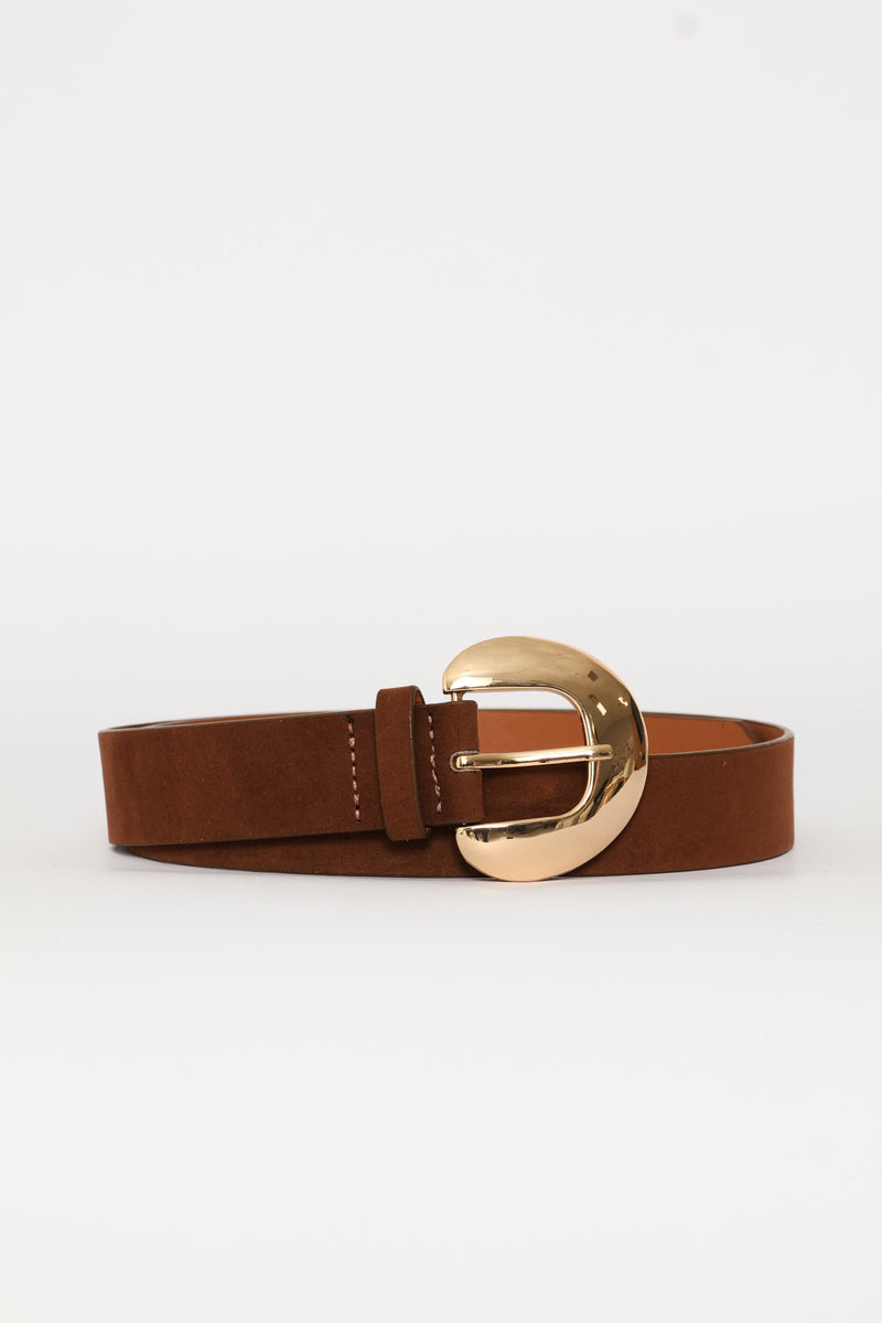 Faux Suede Large Buckle Jean Belt - Tan