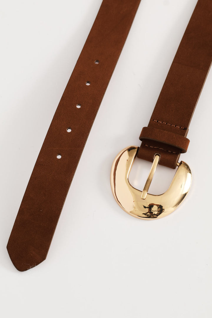 Faux Suede Large Buckle Jean Belt - Tan