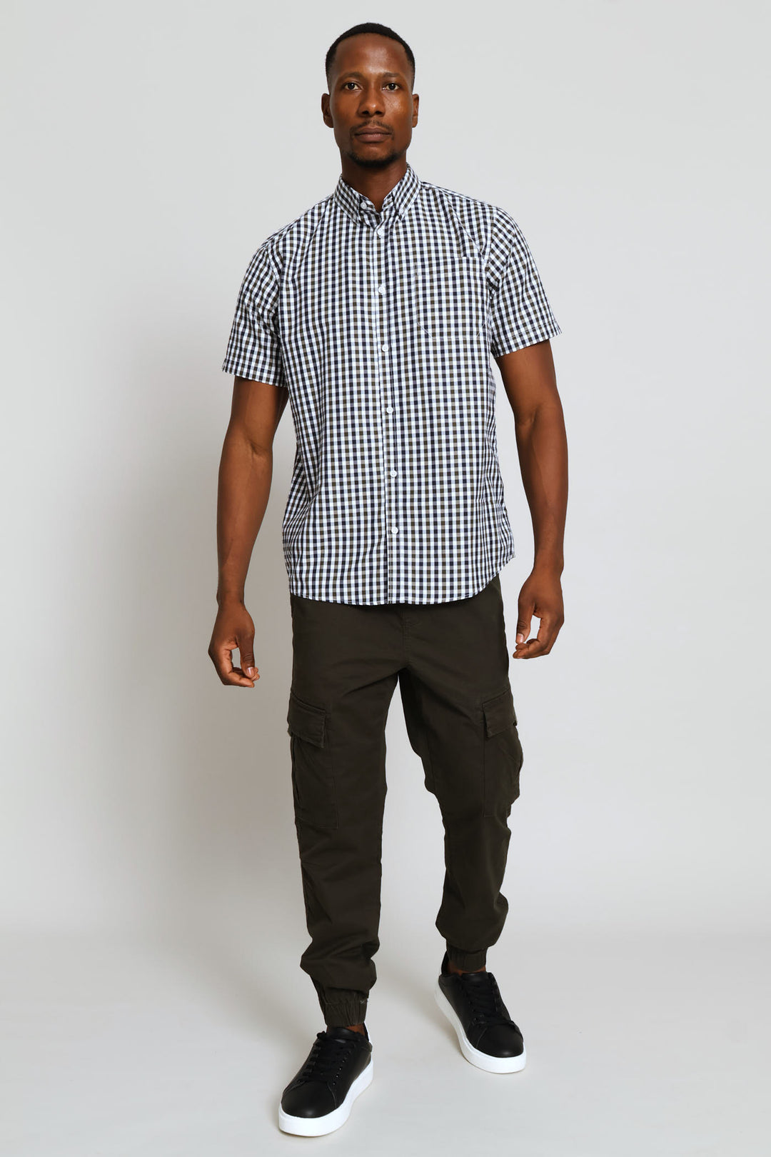 Short Sleeve Button Down Check Shirt - Navy/White/Fatigue