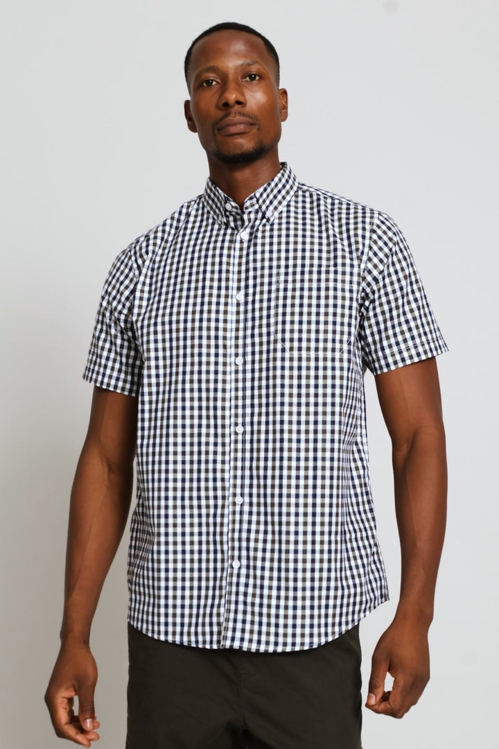 Short Sleeve Button Down Check Shirt - Navy/White/Fatigue