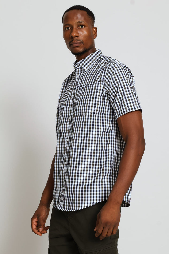 Short Sleeve Button Down Check Shirt - Navy/White/Fatigue