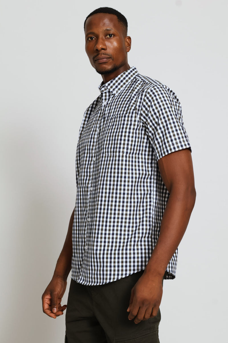 Short Sleeve Button Down Check Shirt - Navy/White/Fatigue
