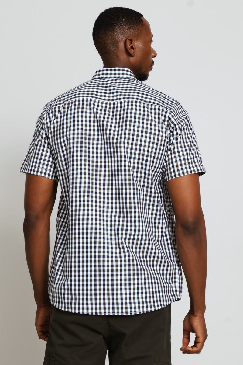 Short Sleeve Button Down Check Shirt - Navy/White/Fatigue