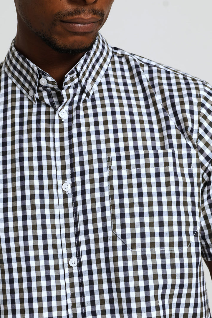 Short Sleeve Button Down Check Shirt - Navy/White/Fatigue