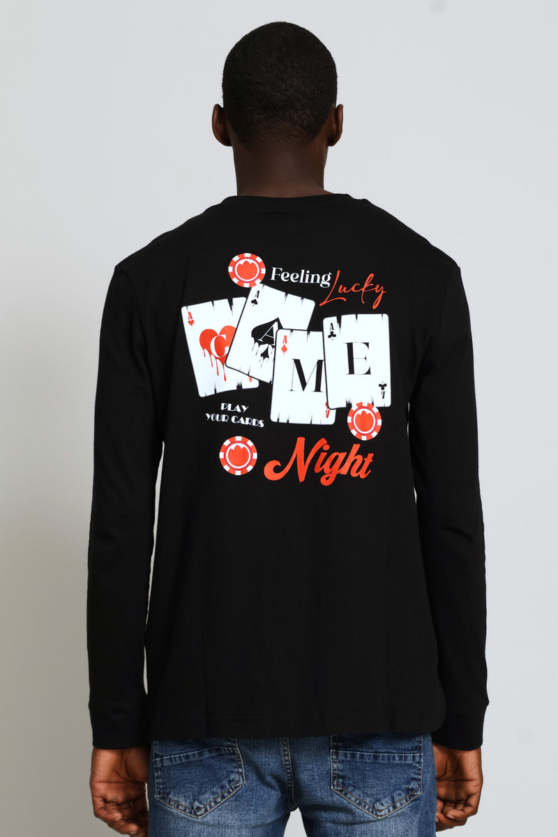 Long Sleeve Game Night Front & Back Tee - Black