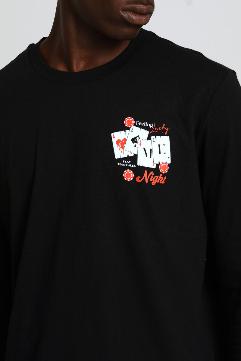 Long Sleeve Game Night Front & Back Tee - Black