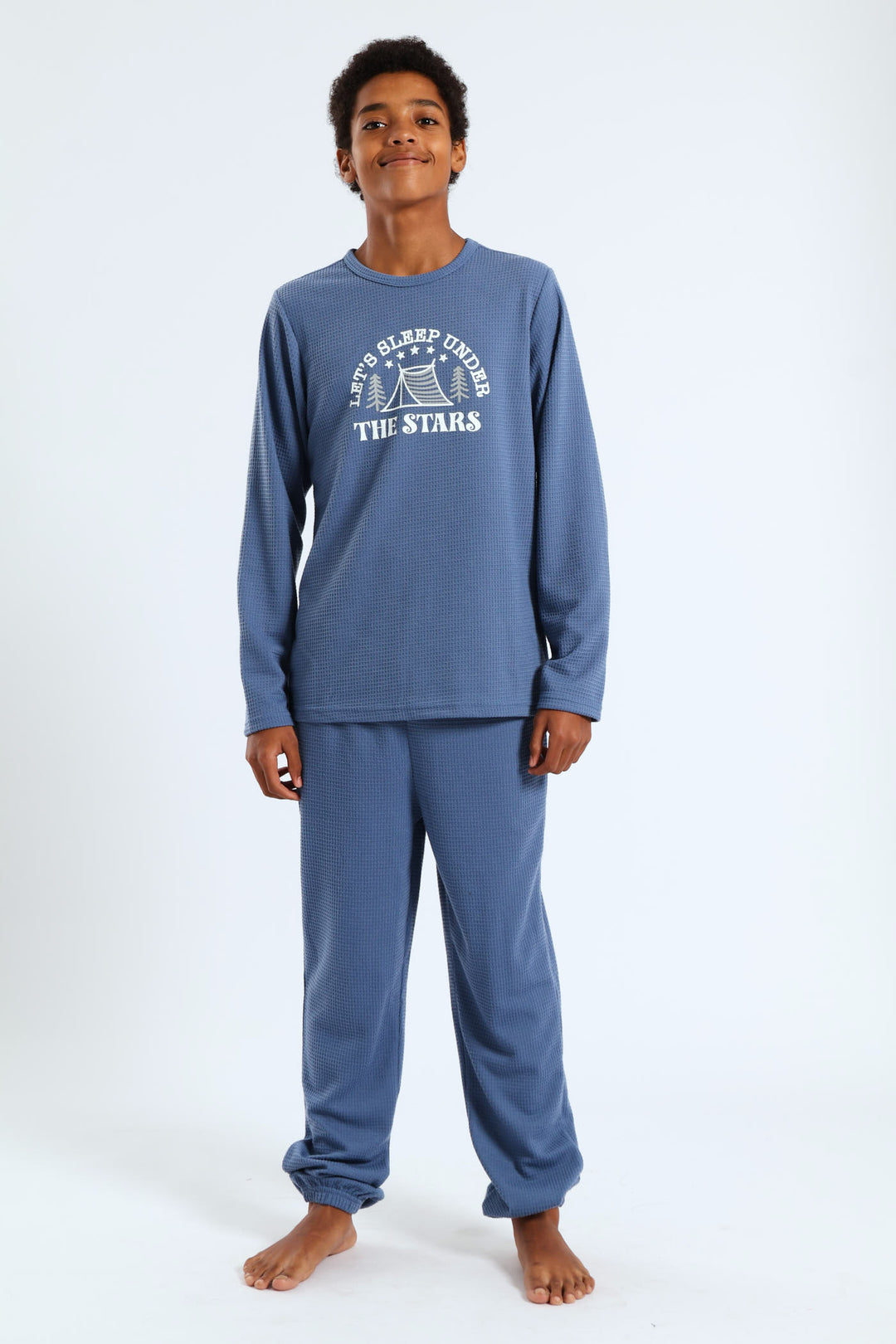 Boys Long Sleeve Long Bottom Waffle Sleep Set - Blue