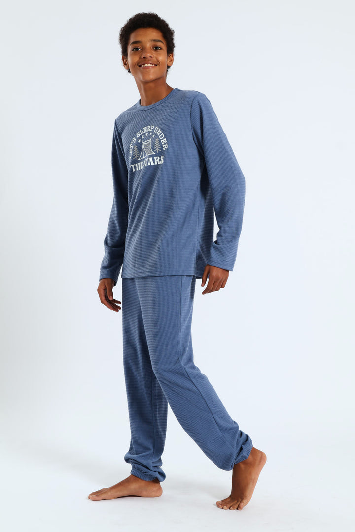 Boys Long Sleeve Long Bottom Waffle Sleep Set - Blue
