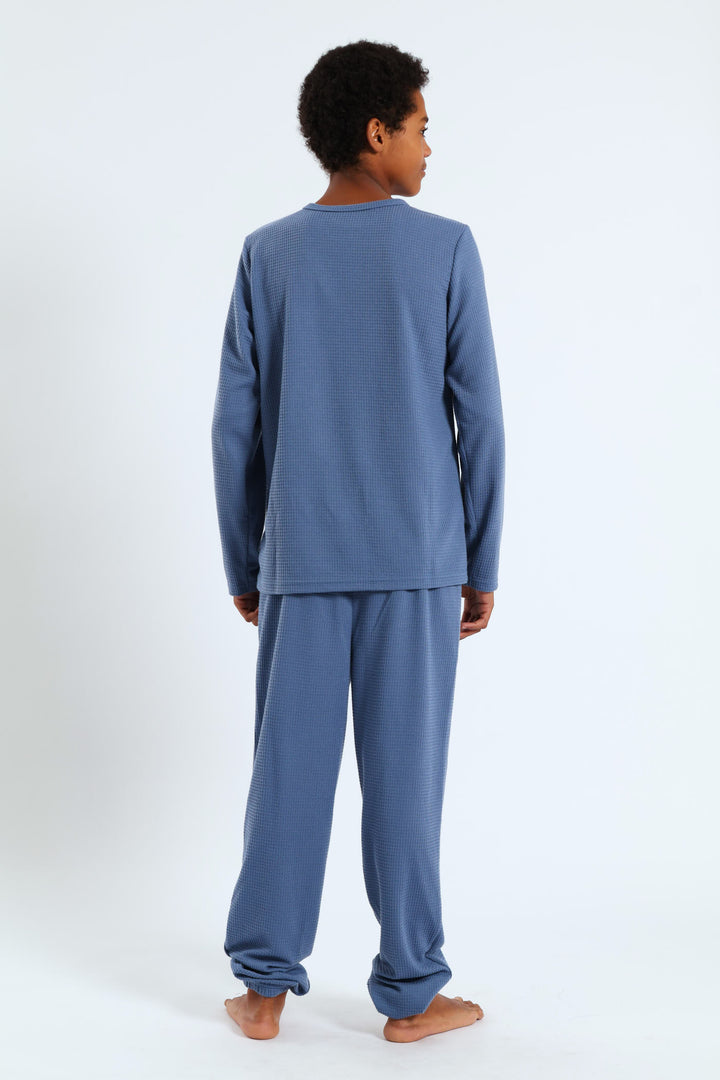 Boys Long Sleeve Long Bottom Waffle Sleep Set - Blue