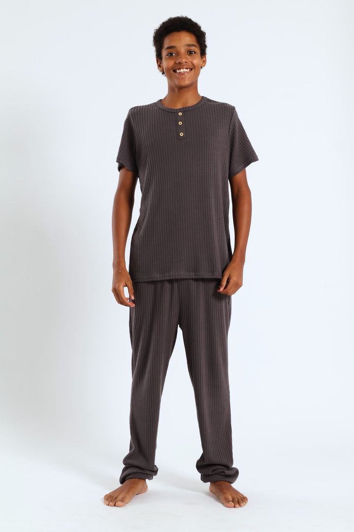 Boys Short Sleeve Long Bottom Ribbed Sleep Set - Grey