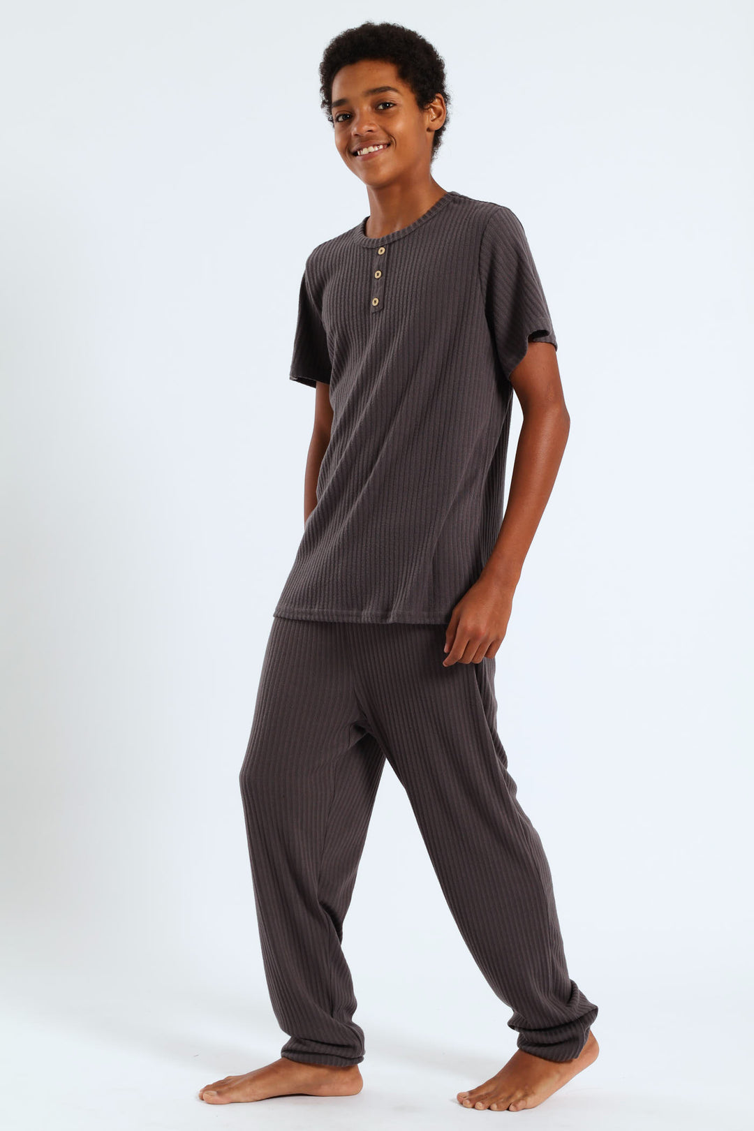 Boys Short Sleeve Long Bottom Ribbed Sleep Set - Grey