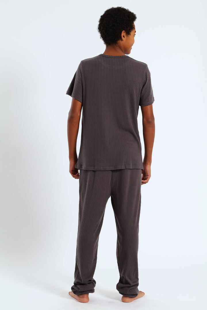 Boys Short Sleeve Long Bottom Ribbed Sleep Set - Grey