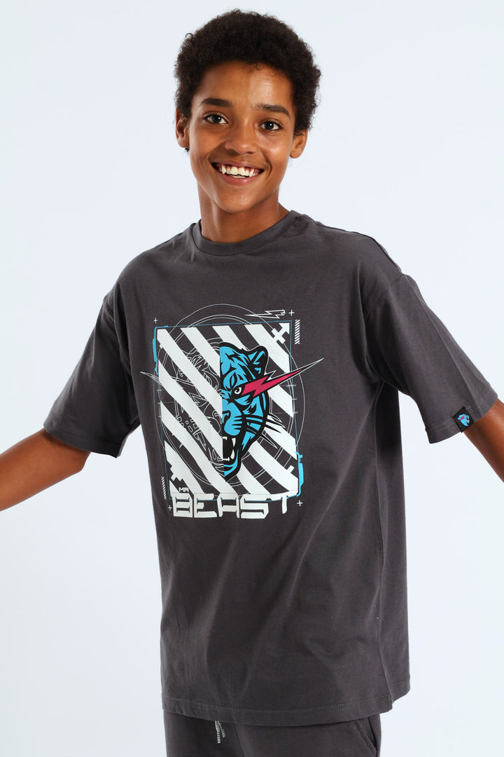 Boys Mr Beast Oversized Glow In Dark T-Shirt - Charcoal