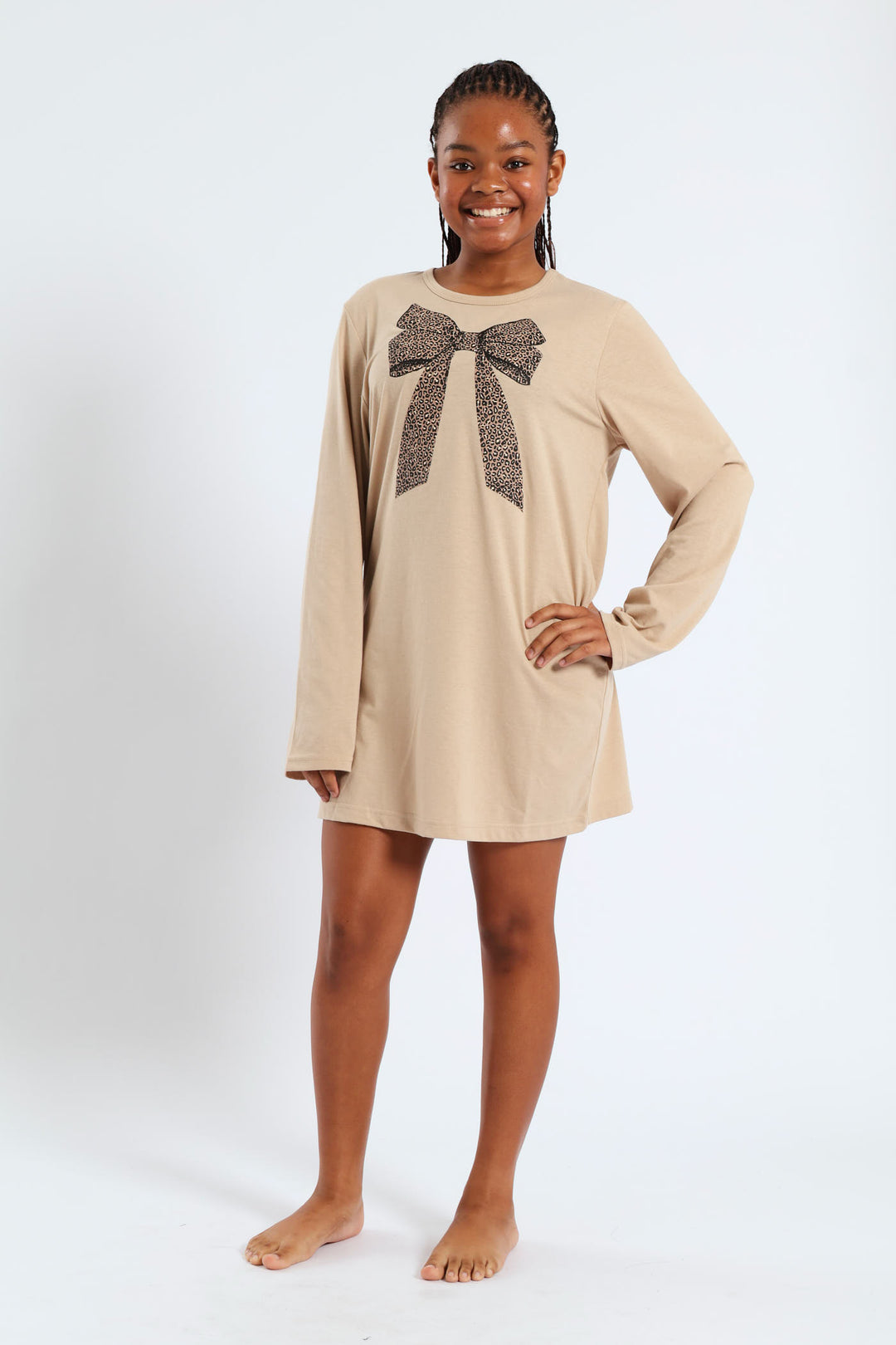 Girls Long Sleeve Bow Sleep Shirt - Stone