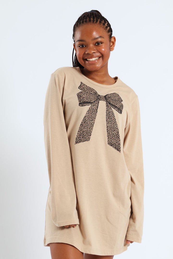 Girls Long Sleeve Bow Sleep Shirt - Stone