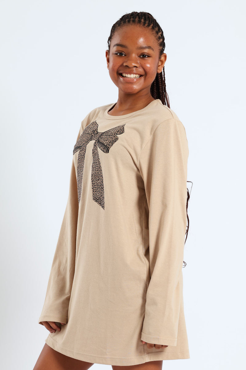 Girls Long Sleeve Bow Sleep Shirt - Stone