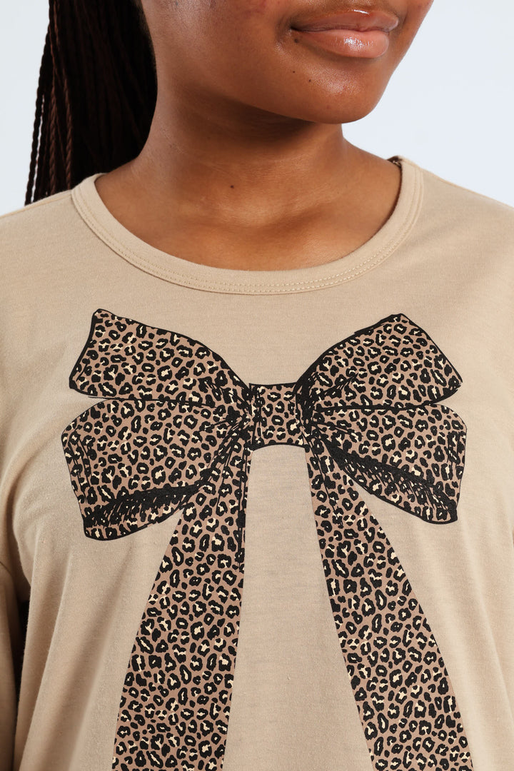 Girls Long Sleeve Bow Sleep Shirt - Stone