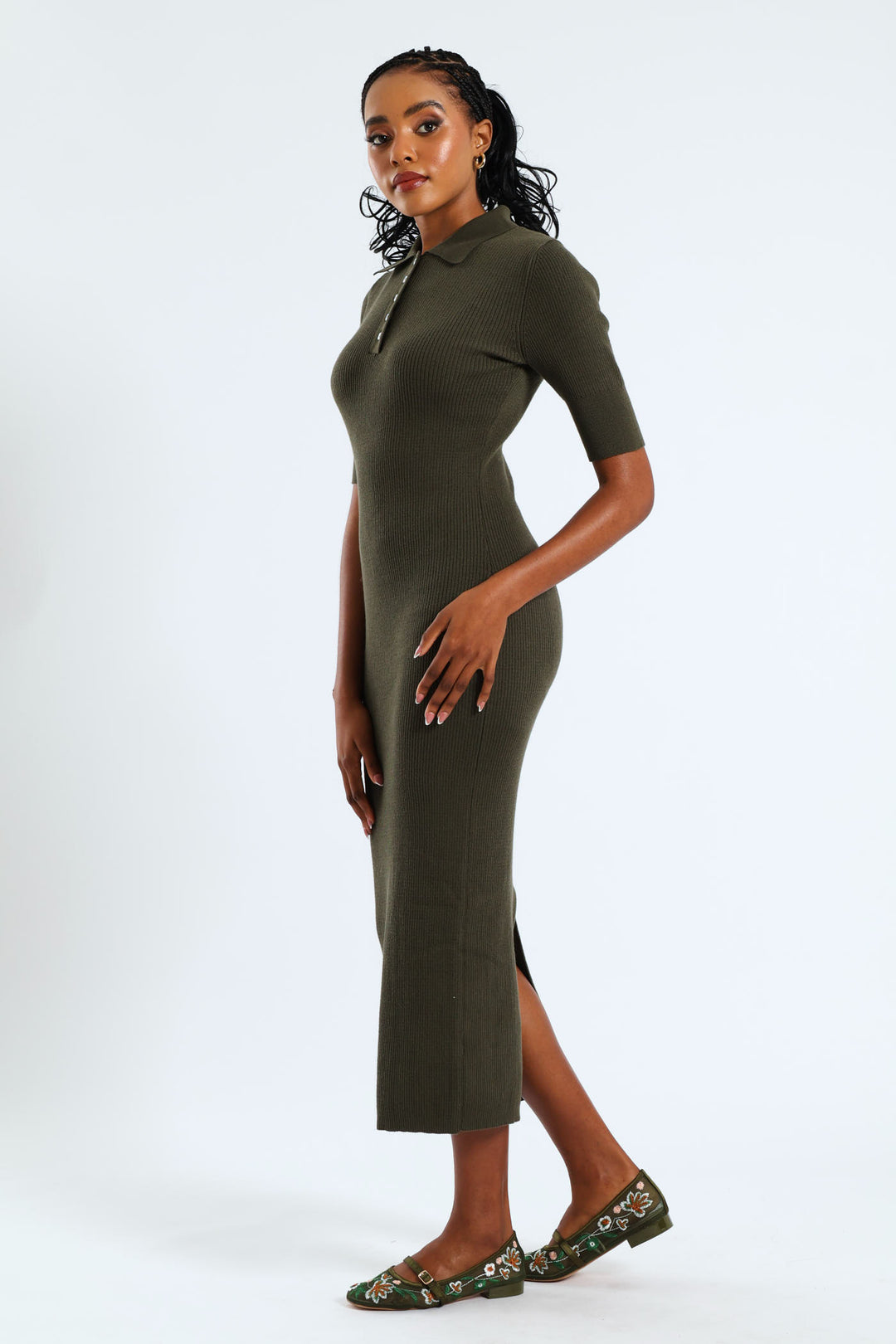 1/2 Placket Collared Knitwear Midaxi Dress - Dark Fatigue