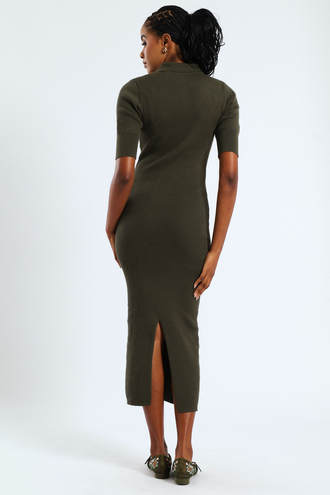 1/2 Placket Collared Knitwear Midaxi Dress - Dark Fatigue