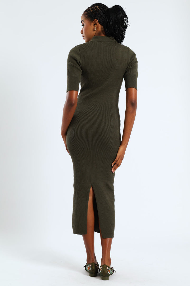 1/2 Placket Collared Knitwear Midaxi Dress - Dark Fatigue