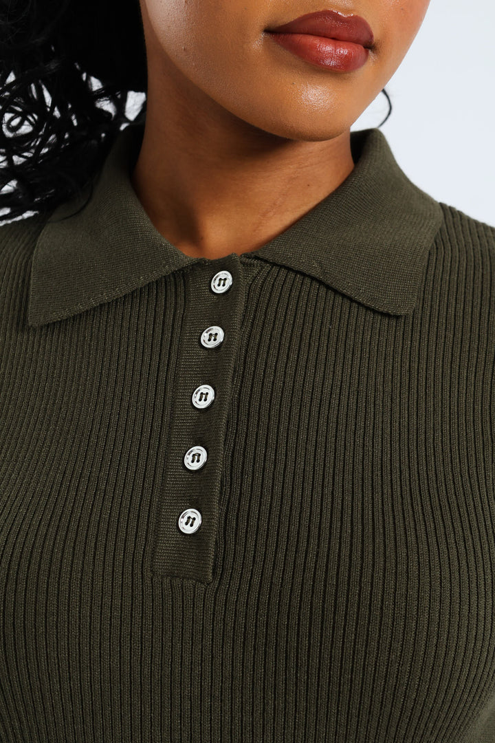 1/2 Placket Collared Knitwear Midaxi Dress - Dark Fatigue