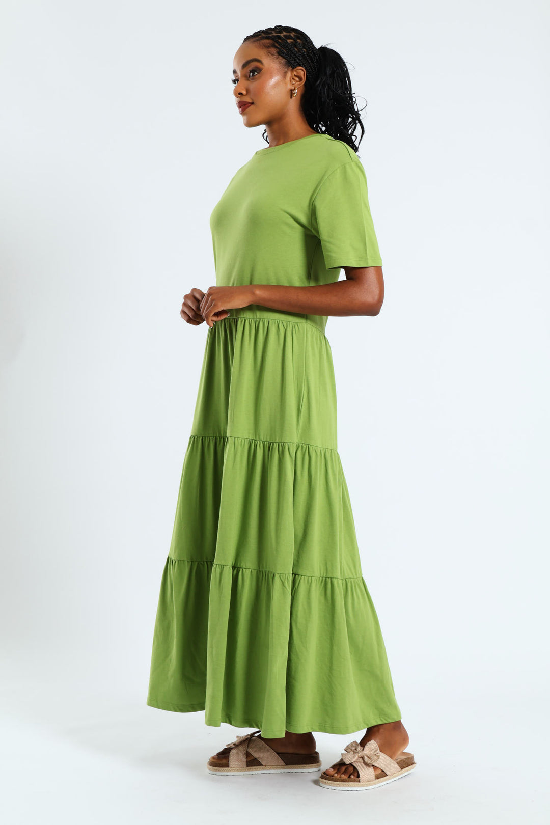 Rib Neck Tiered Cotton Midaxi Dress - Chartreuse