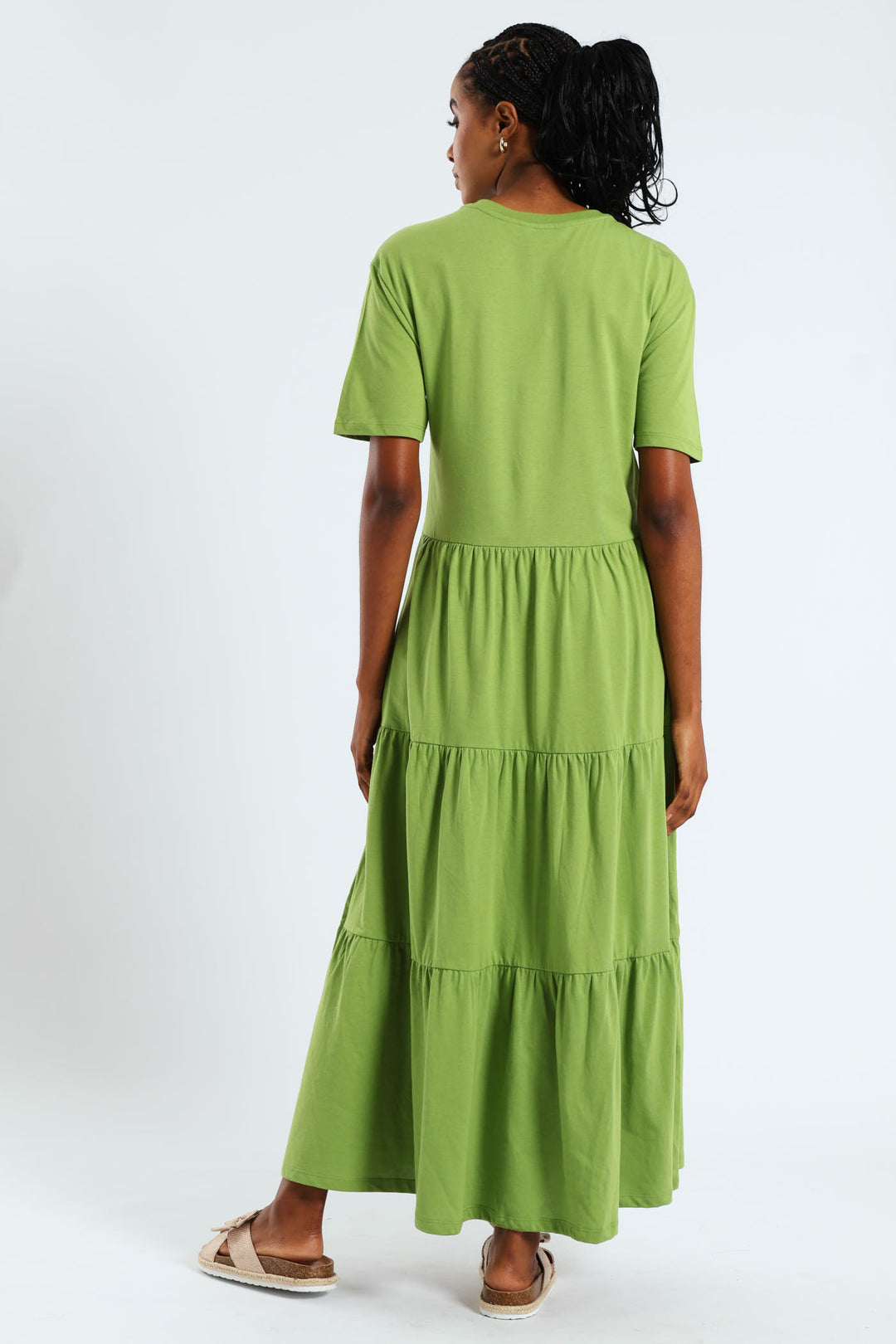 Rib Neck Tiered Cotton Midaxi Dress - Chartreuse