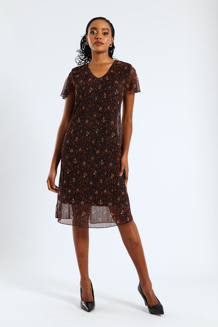 V-Neck Release Pleat Mesh Midi Dress - Black/Orange