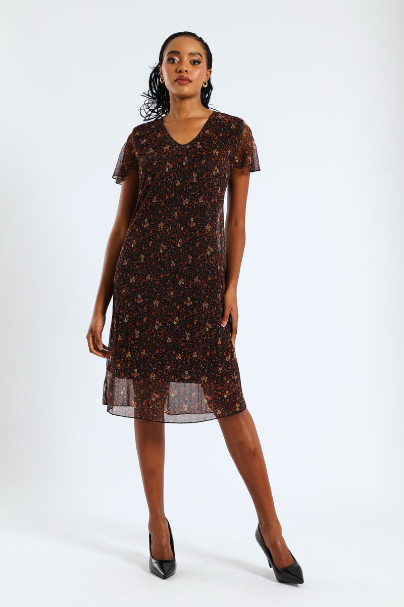 V-Neck Release Pleat Mesh Midi Dress - Black/Orange