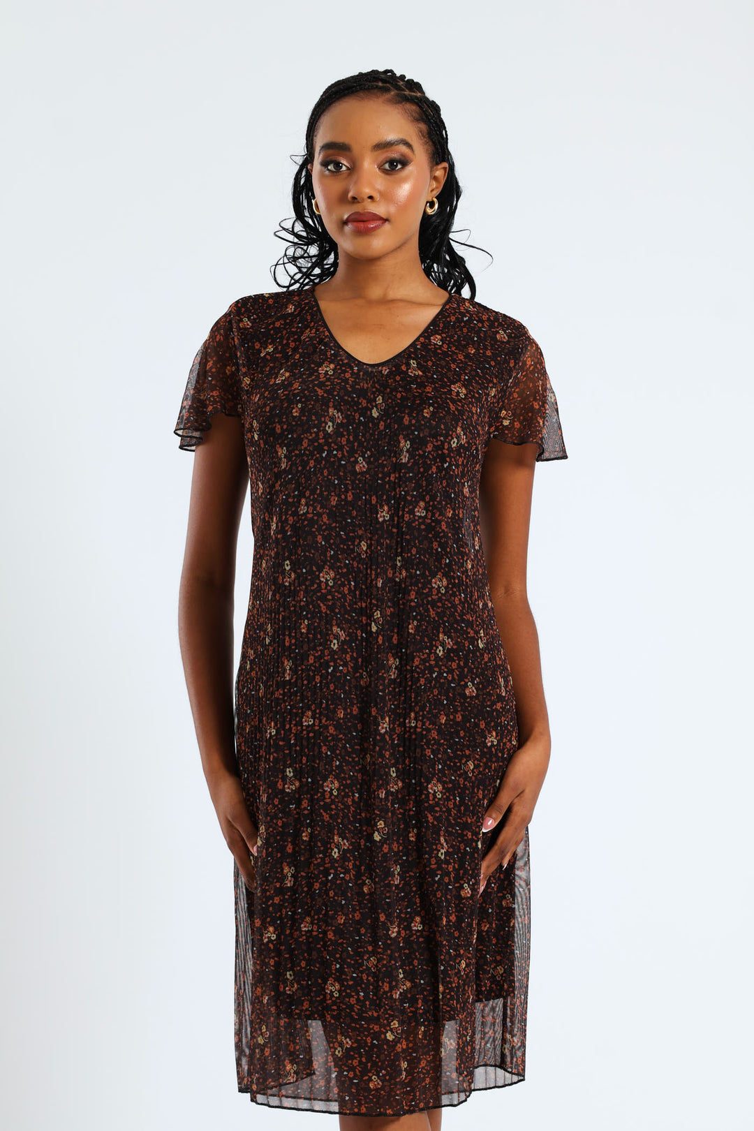 V-Neck Release Pleat Mesh Midi Dress - Black/Orange