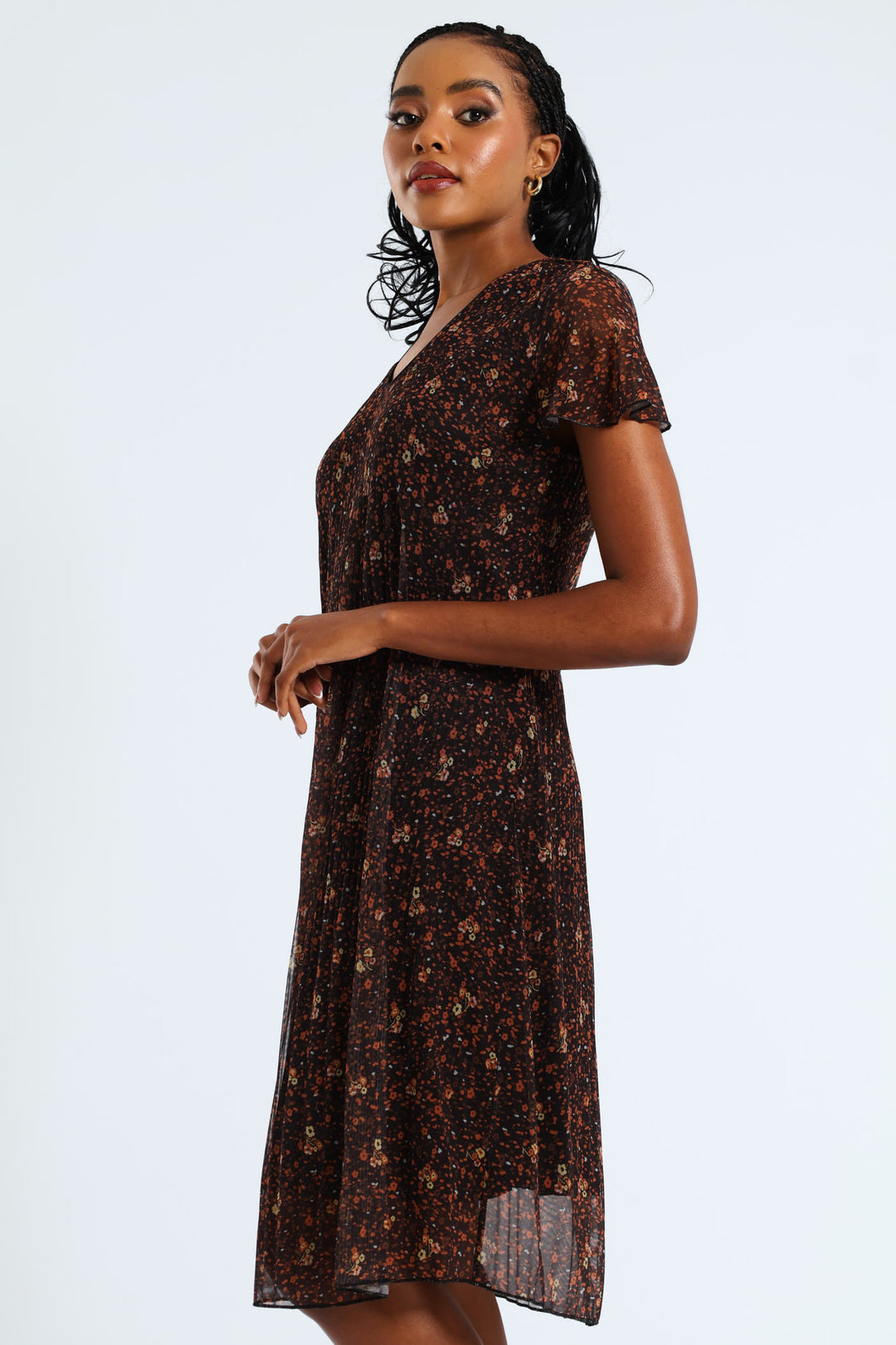 V-Neck Release Pleat Mesh Midi Dress - Black/Orange