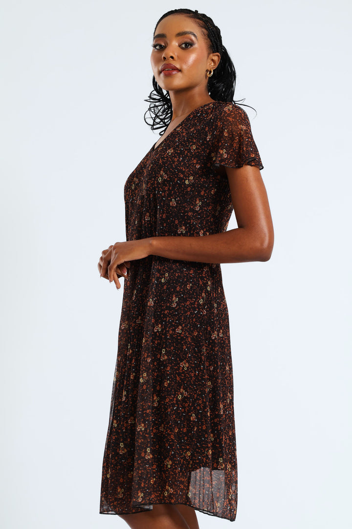 V-Neck Release Pleat Mesh Midi Dress - Black/Orange