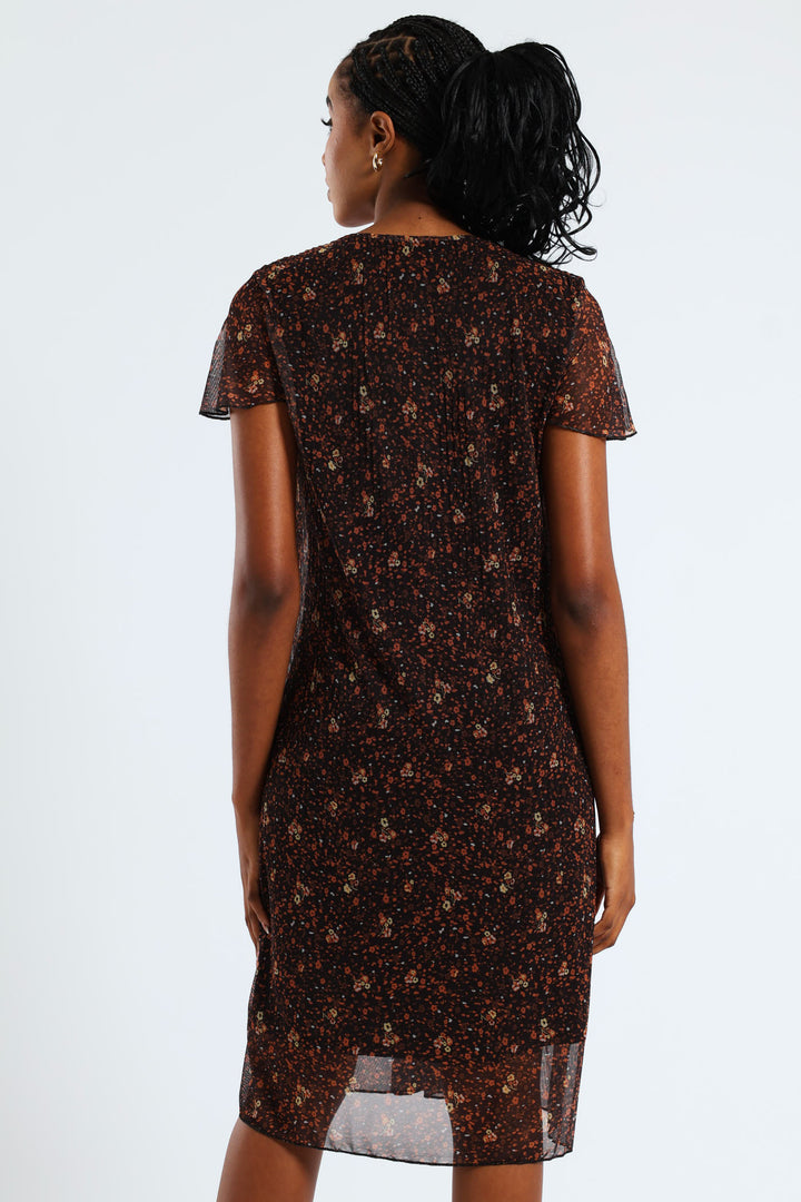 V-Neck Release Pleat Mesh Midi Dress - Black/Orange