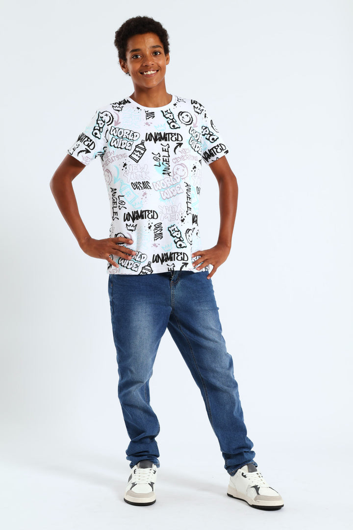 Boys Grafitti Print Fleece Tee - White