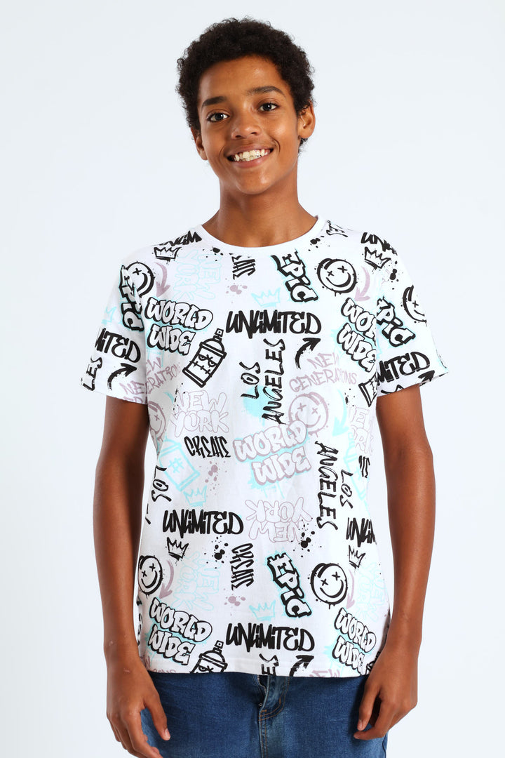 Boys Grafitti Print Fleece Tee - White