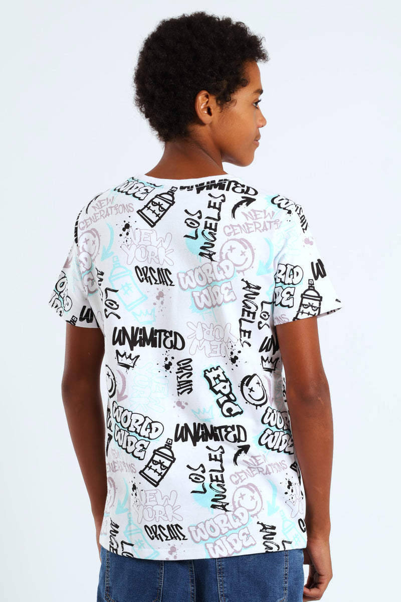 Boys Grafitti Print Fleece Tee - White