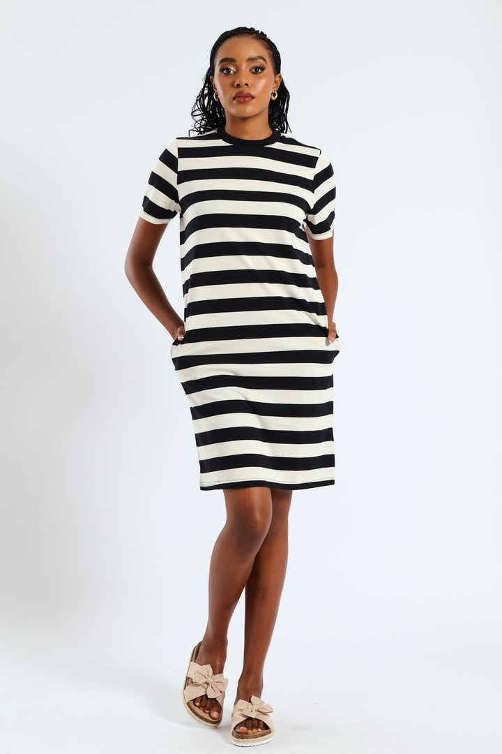 Crew Neck Stripe T-Shirt Pocket Dress - Black/Beige