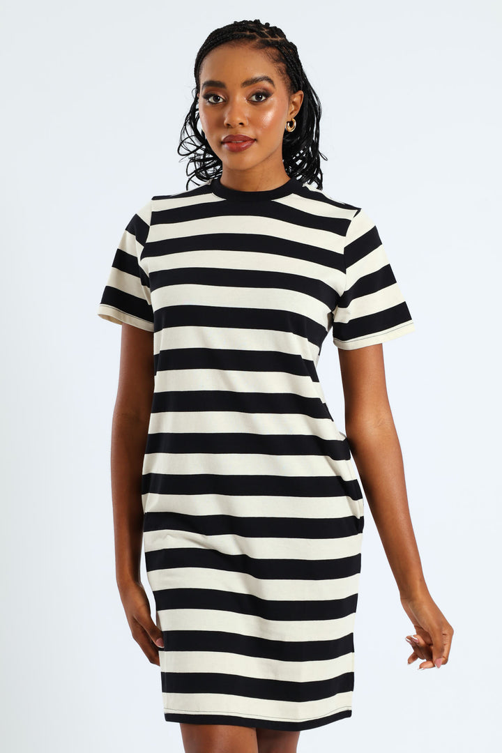 Crew Neck Stripe T-Shirt Pocket Dress - Black/Beige
