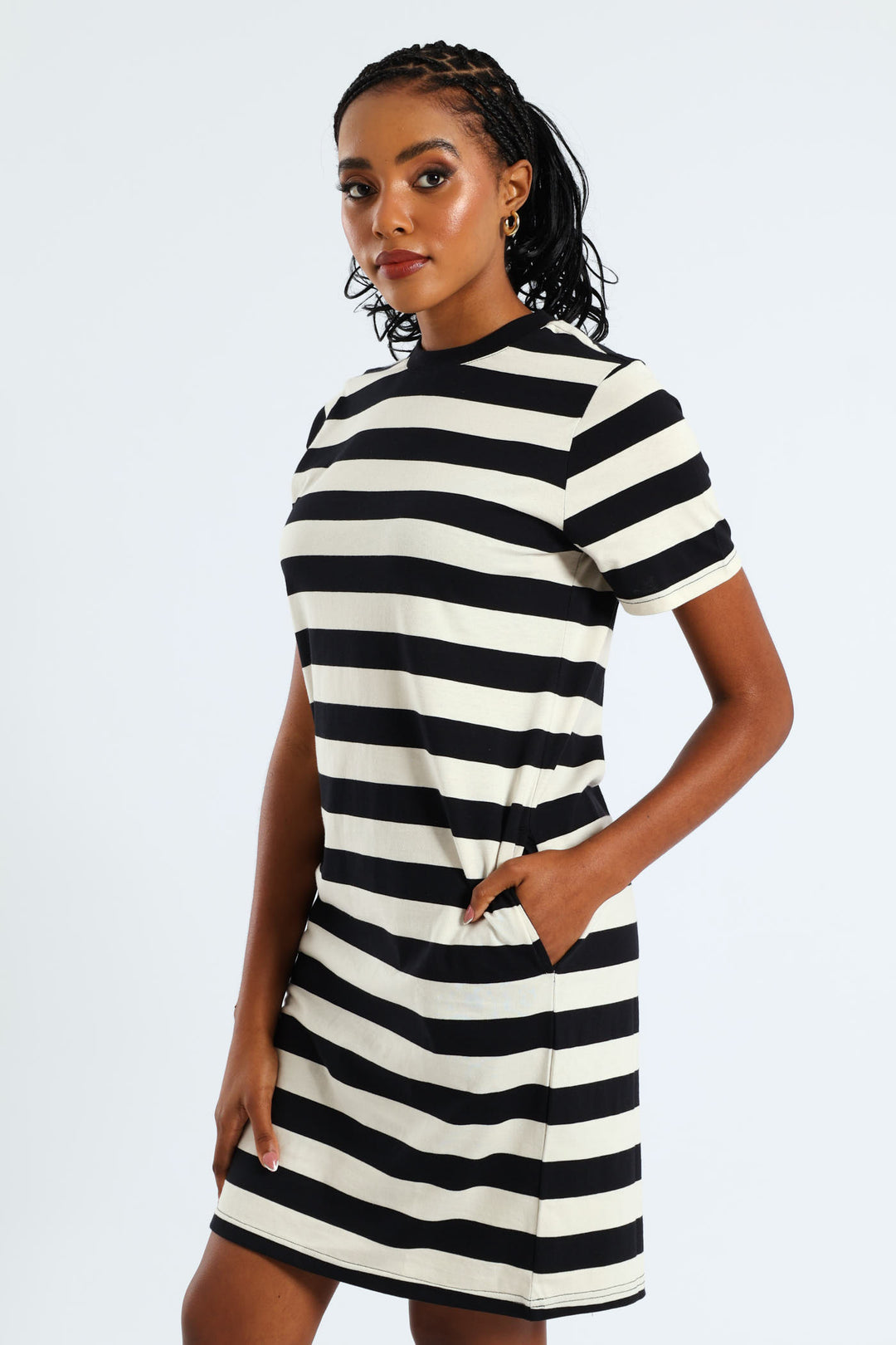 Crew Neck Stripe T-Shirt Pocket Dress - Black/Beige