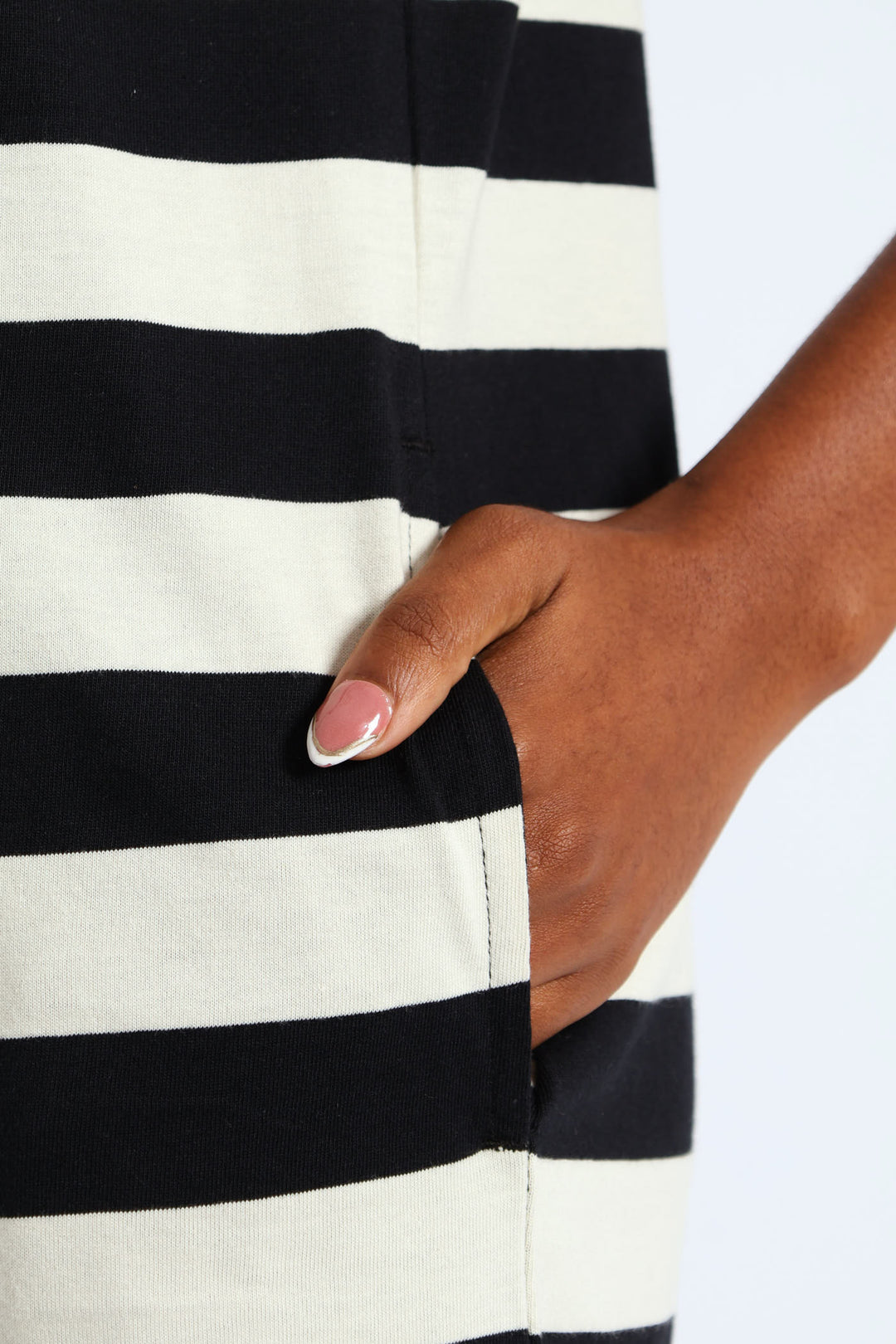 Crew Neck Stripe T-Shirt Pocket Dress - Black/Beige